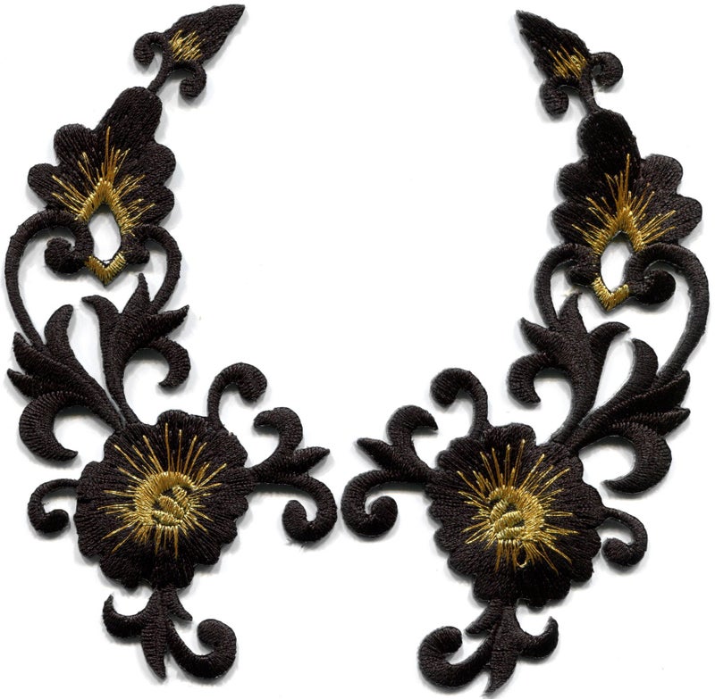 Black Gold Trim Fringe Flower Boho Art Deco Embroidered Appliques Iron-on Patches Pair S-648